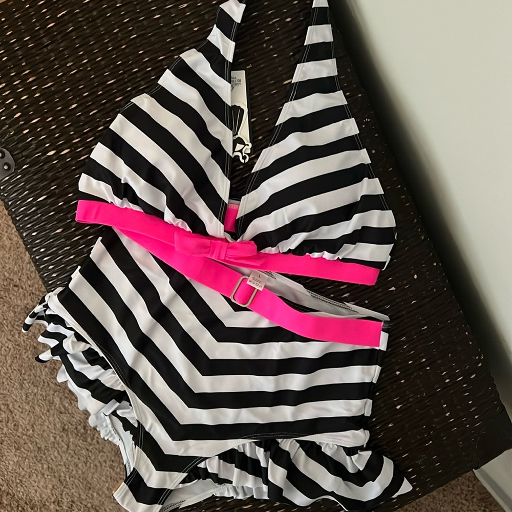 NWT Retro Stage vintage inspired 50’s Black and White Striped Bikini pink belt